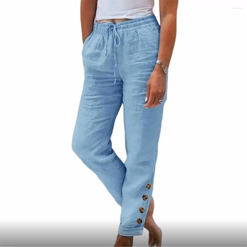 Autumn Solid Color Cotton Linen Straight Casual Button Trousers For Women