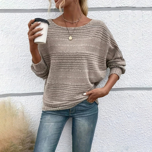 Women's Textured Round Neck Long Sleeve Top - Casual Solid Pullover For Spring & Fall