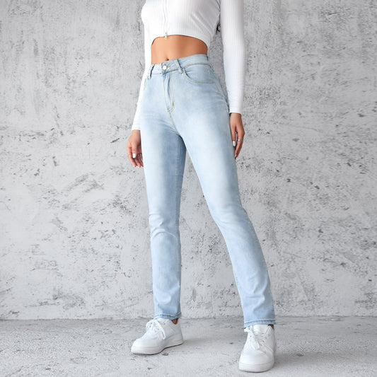 Women's Straight Leg Slim Fit Jeans, Fashionable And Simple Light Blue Pants