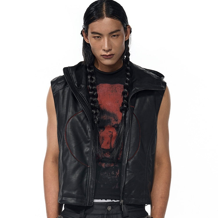 Short Hood Slim Fit Leather Waistcoat Coat Men's Summer Five-pointed Star PU Leather