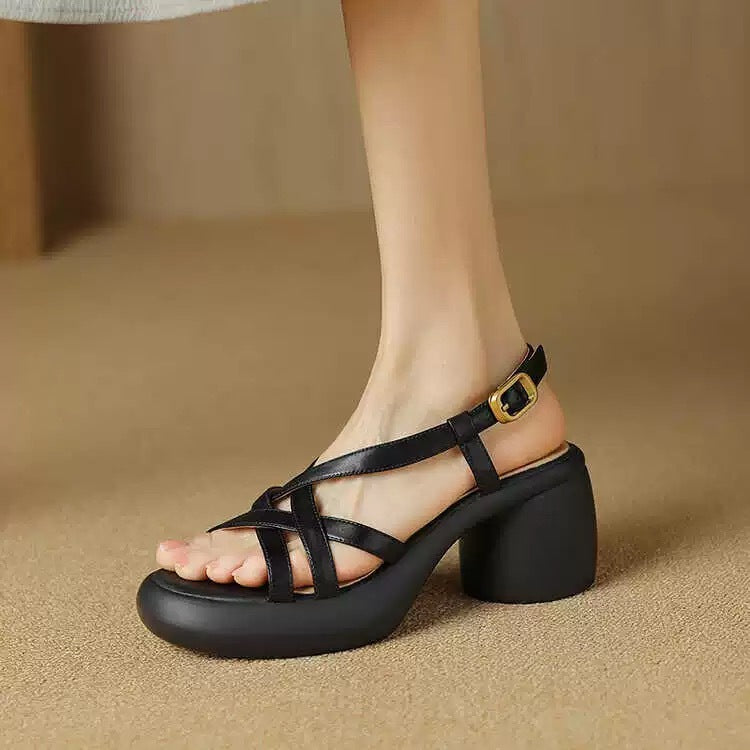 Retro Soft Leather High Heel Sandals For Women Platform Open Toe