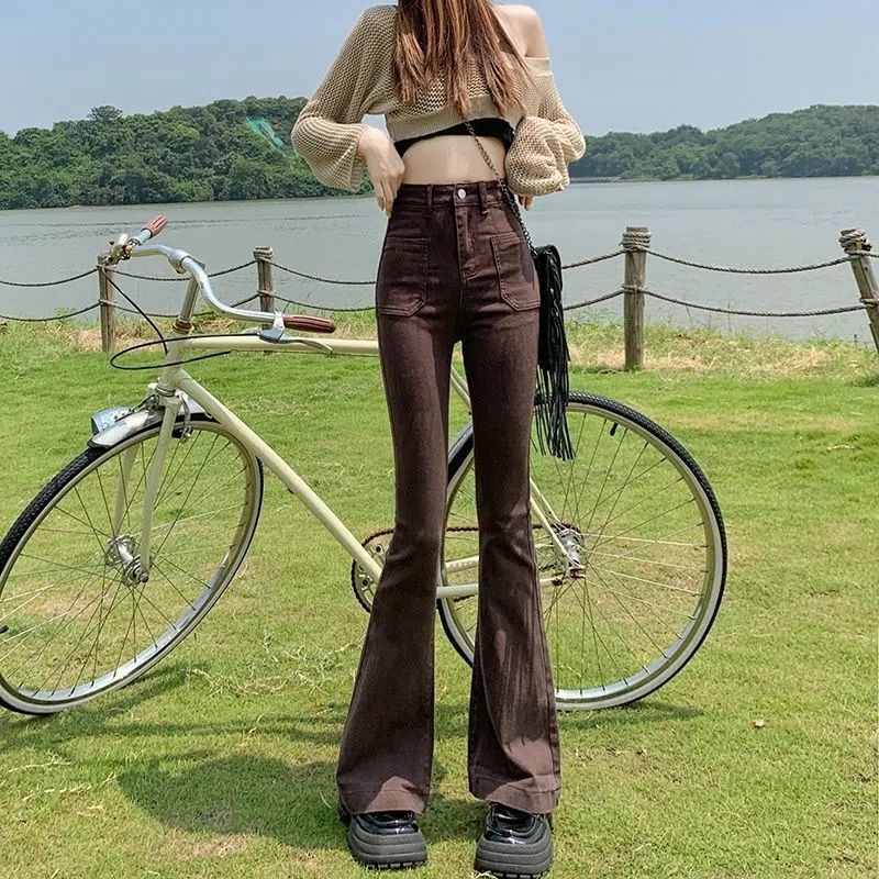 Stretchy High Waist Slimming Design Sense High Street Bell-bottom Pants Tide