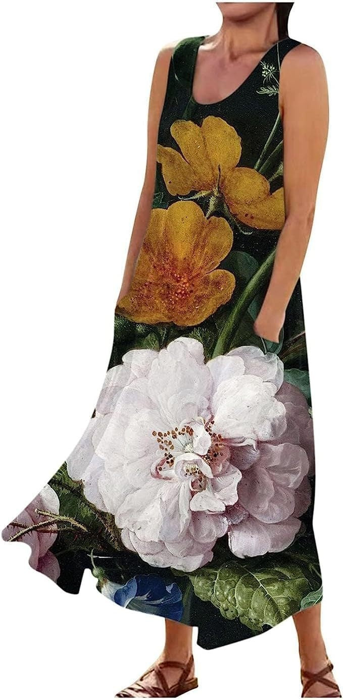 Women's Landscape Floral Maxi Dress Slim Fit Casual Skirt