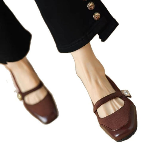 Women's Chunky Heel Suede Flat Low-cut Shoes