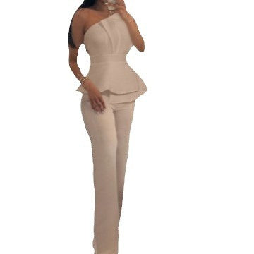 Color Blocking Shoulder Solid Color Suit Casual Straight Pants Suit