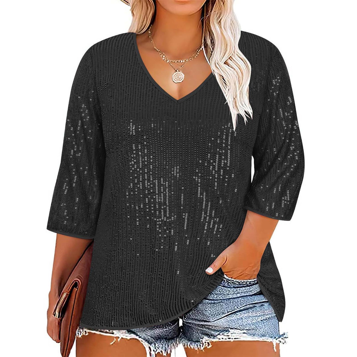 European And American Autumn And Winter Loose Top Retro Sequin Casual V-neck Sequined T-shirt For Women