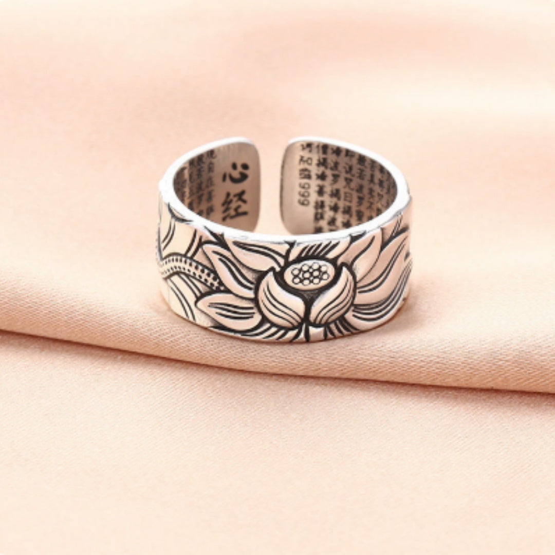 Lotus Hannya Shingyo S999 Sterling Silver Ring Antique Style