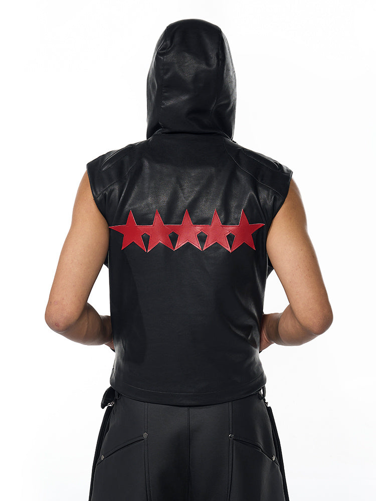 Short Hood Slim Fit Leather Waistcoat Coat Men's Summer Five-pointed Star PU Leather