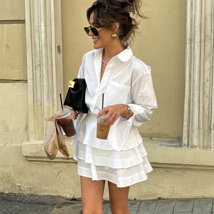 White Lapel Long Sleeve Shirt High Waist Tiered Dress Suit