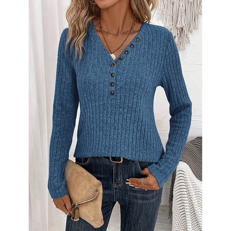 Womens Long Sleeves Ribbed Knit Tunic Shirts V Neck Button Down Slim Fit Blouses Tops