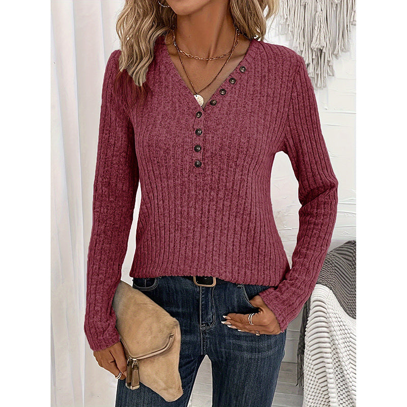 Womens Long Sleeves Ribbed Knit Tunic Shirts V Neck Button Down Slim Fit Blouses Tops