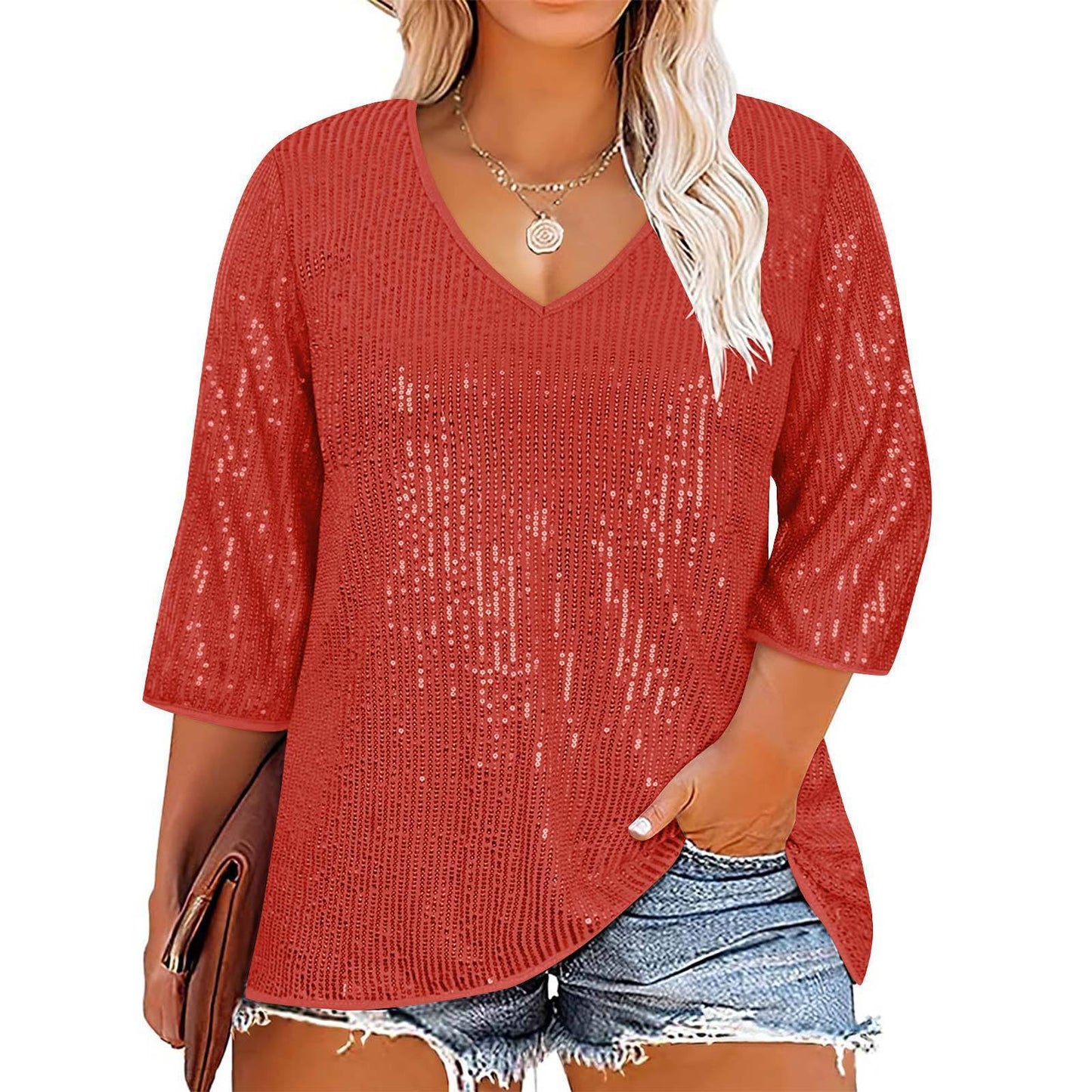 European And American Autumn And Winter Loose Top Retro Sequin Casual V-neck Sequined T-shirt For Women