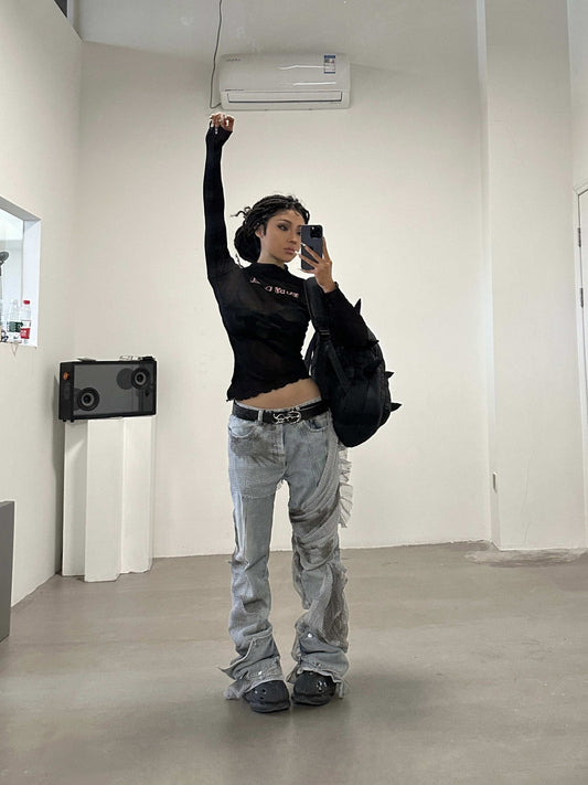 Desert Camouflage Mesh Washed And Worn Bat Jeans Couple