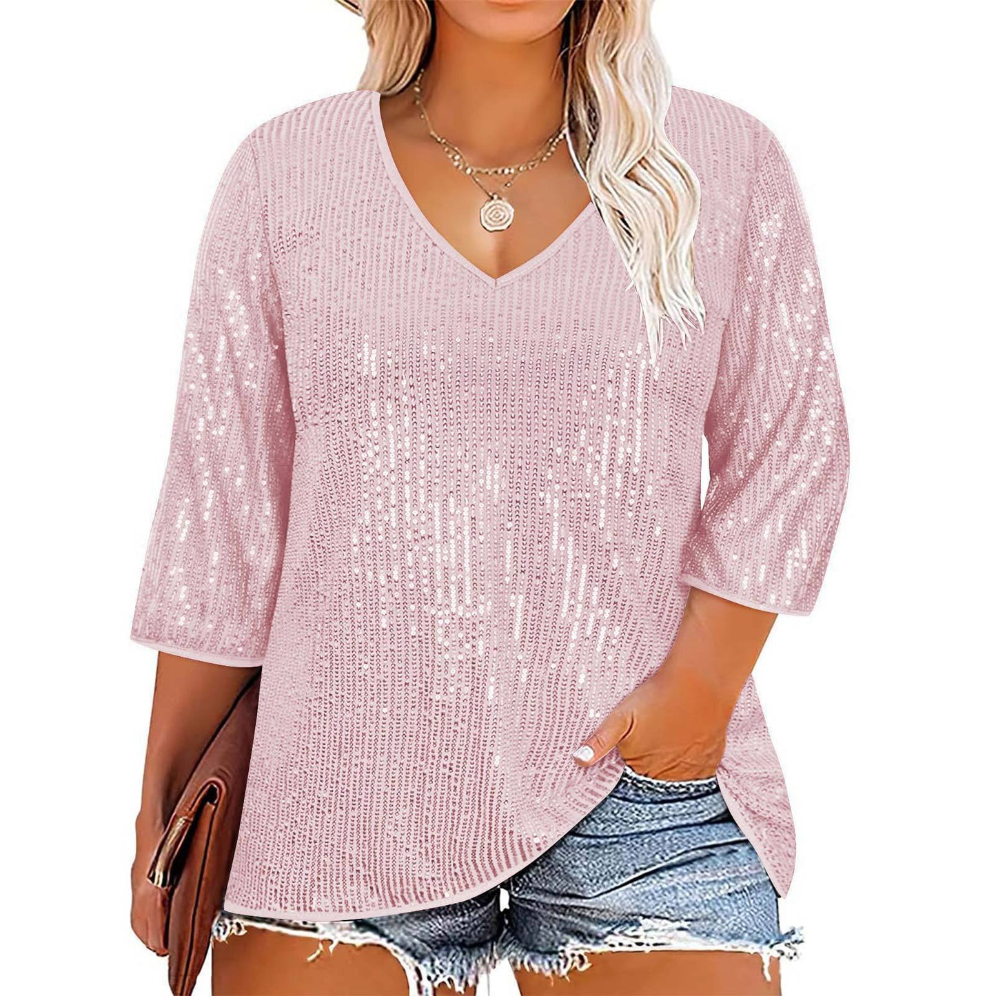 European And American Autumn And Winter Loose Top Retro Sequin Casual V-neck Sequined T-shirt For Women