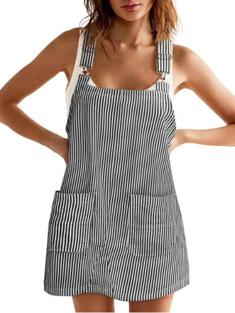 Striped Pocket Strap Adjustable Casual Dress