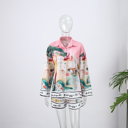 Women's Casual Style Printing Lapel Breasted Shirt Shorts Suit