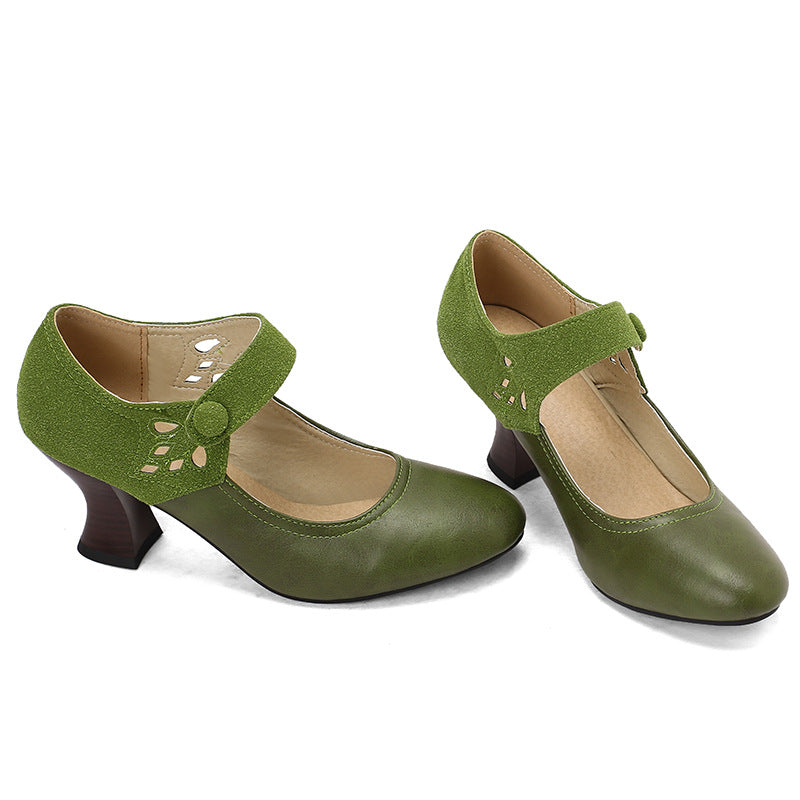 Buckle Spring And Autumn Women's Shoes Round Head Chunky Heel Shoes