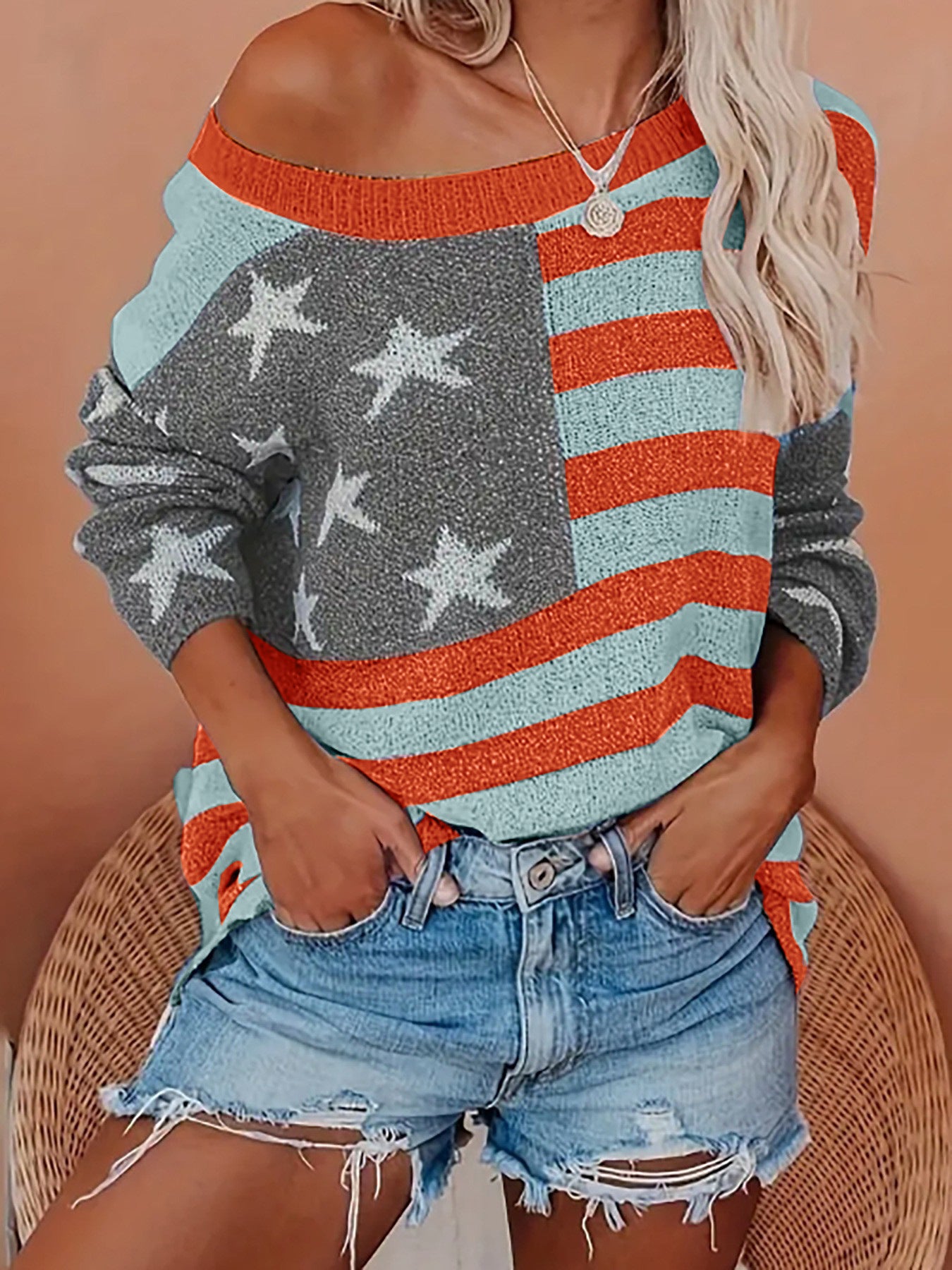 Sweater Women's Knitwear American Flag Long Sleeve Top