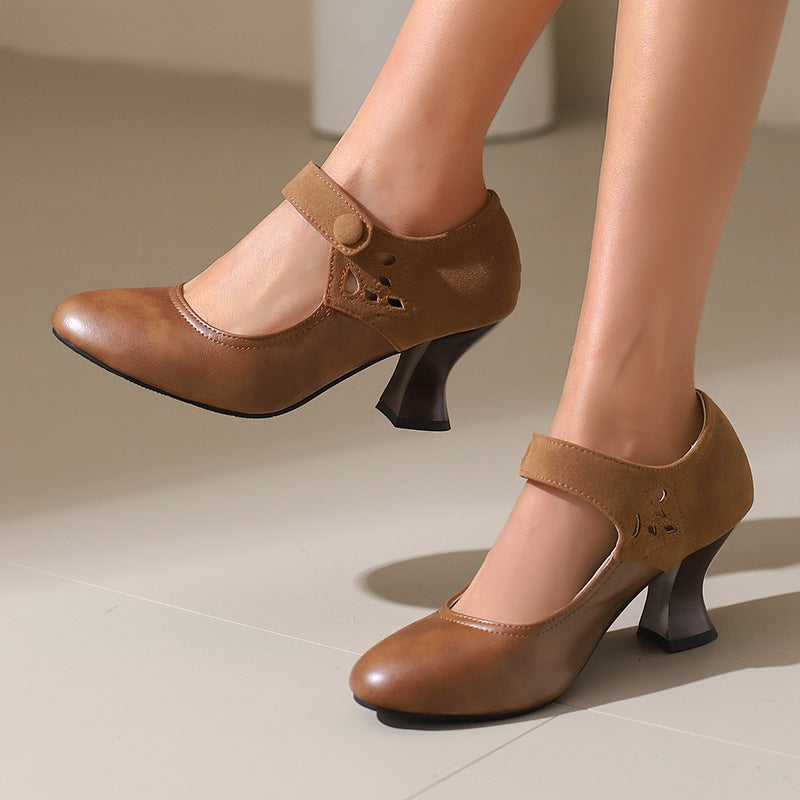 Buckle Spring And Autumn Women's Shoes Round Head Chunky Heel Shoes