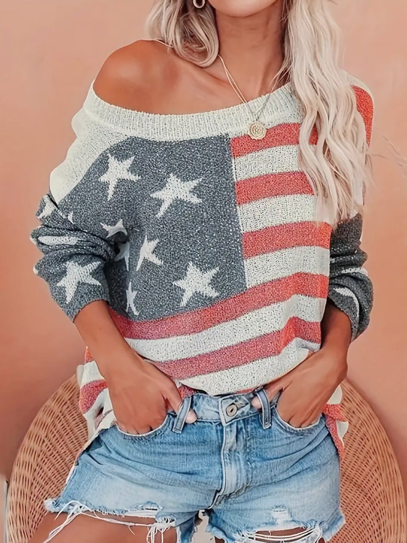Sweater Women's Knitwear American Flag Long Sleeve Top