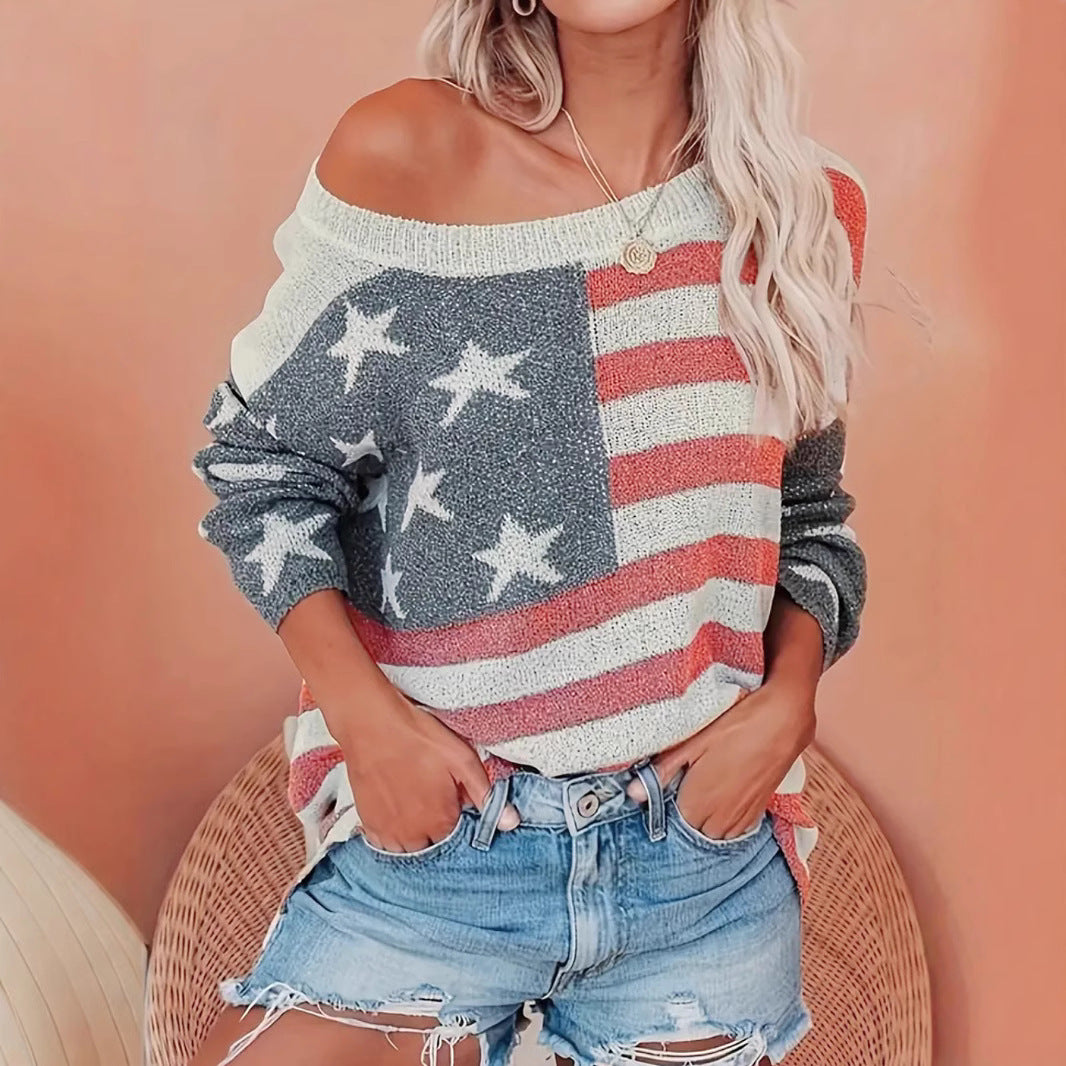 Sweater Women's Knitwear American Flag Long Sleeve Top