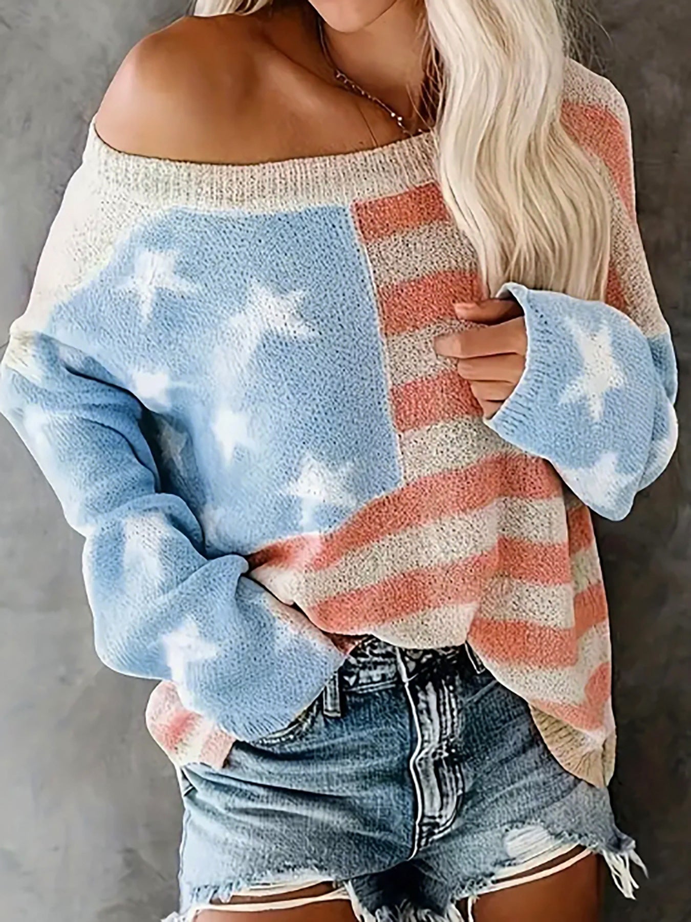 Sweater Women's Knitwear American Flag Long Sleeve Top