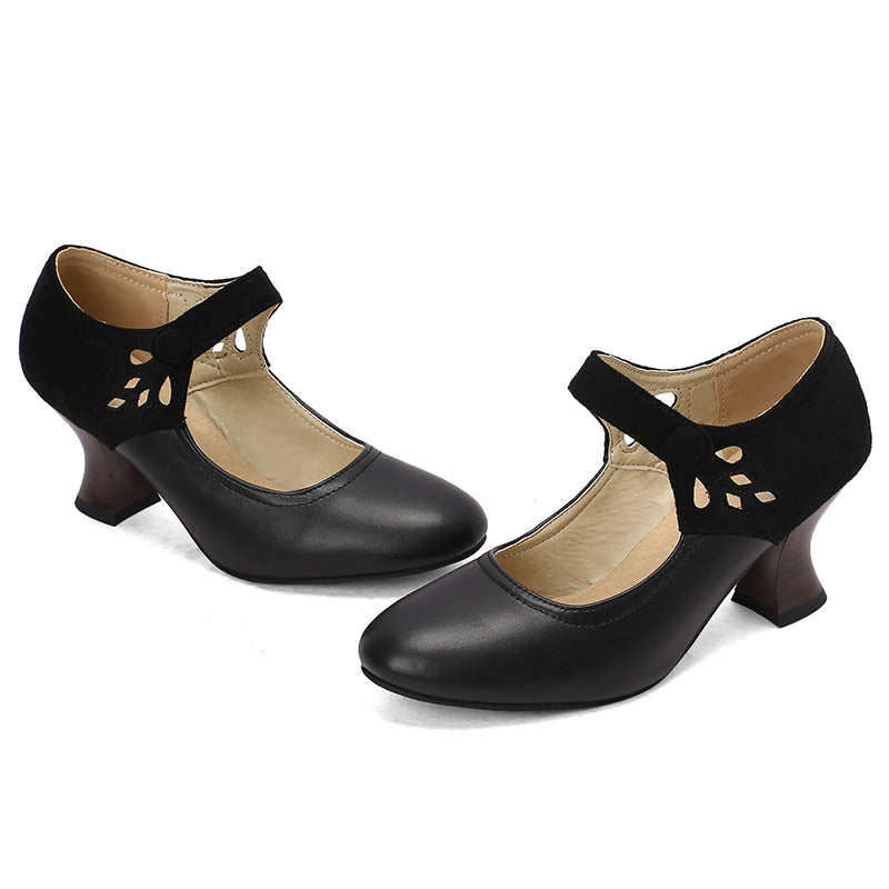 Buckle Spring And Autumn Women's Shoes Round Head Chunky Heel Shoes