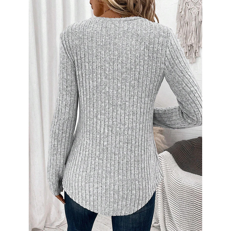 Womens Long Sleeves Ribbed Knit Tunic Shirts V Neck Button Down Slim Fit Blouses Tops