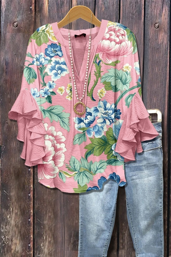 New Printed European And American Leisure Collar Lotus Edge Loose Women's Wear T-Shirt