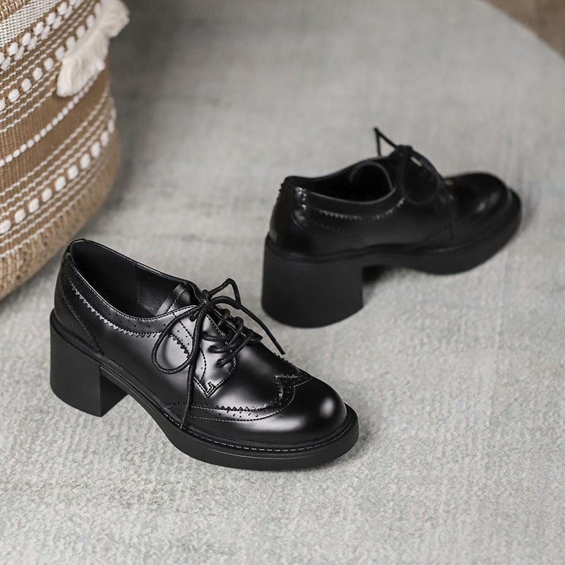 Women's Autumn New Carved Lace-up Round Head British Black Chunky Heel Shoes