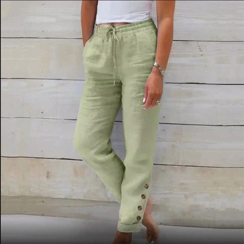 Autumn Solid Color Cotton Linen Straight Casual Button Trousers For Women