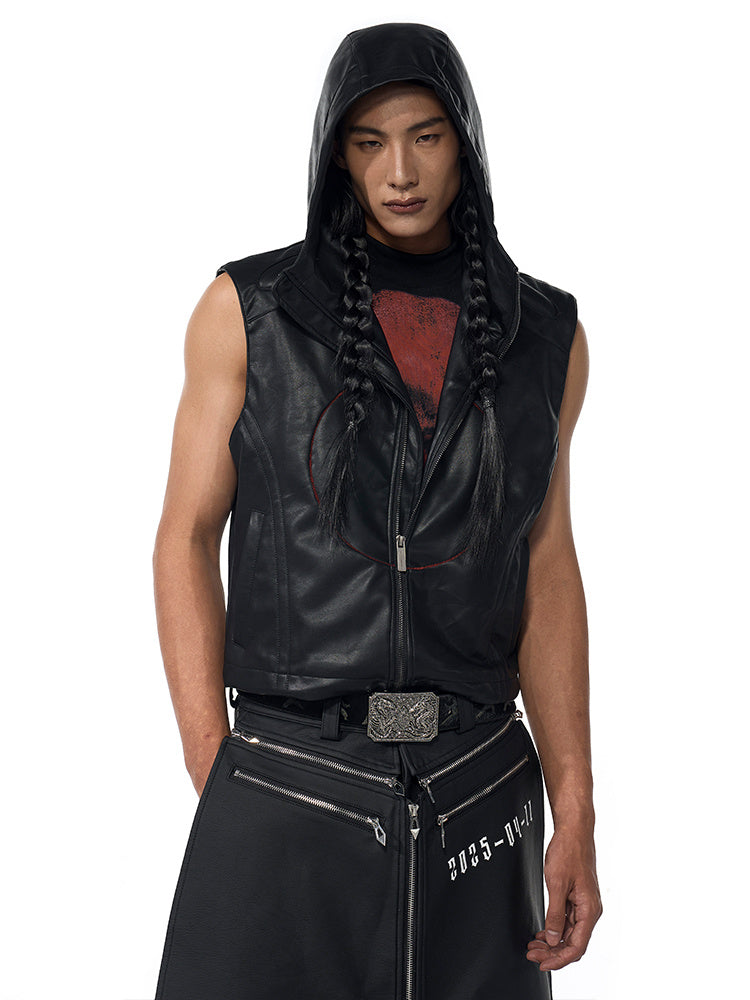 Short Hood Slim Fit Leather Waistcoat Coat Men's Summer Five-pointed Star PU Leather