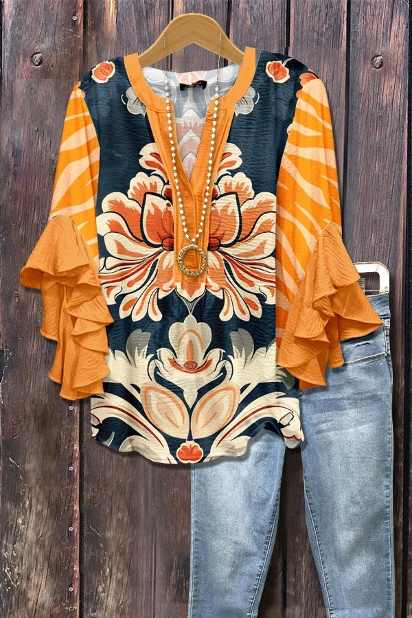 New Printed European And American Leisure Collar Lotus Edge Loose Women's Wear T-Shirt