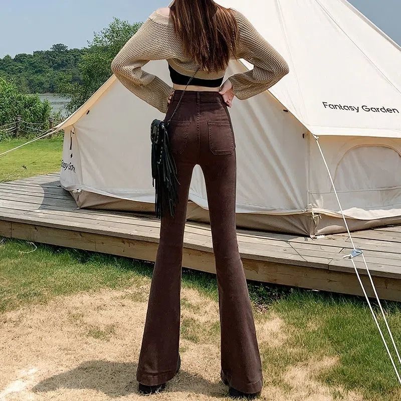 Stretchy High Waist Slimming Design Sense High Street Bell-bottom Pants Tide