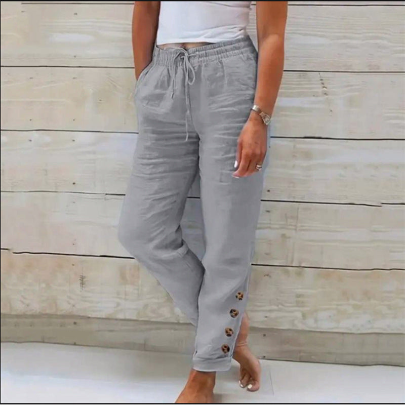 Autumn Solid Color Cotton Linen Straight Casual Button Trousers For Women