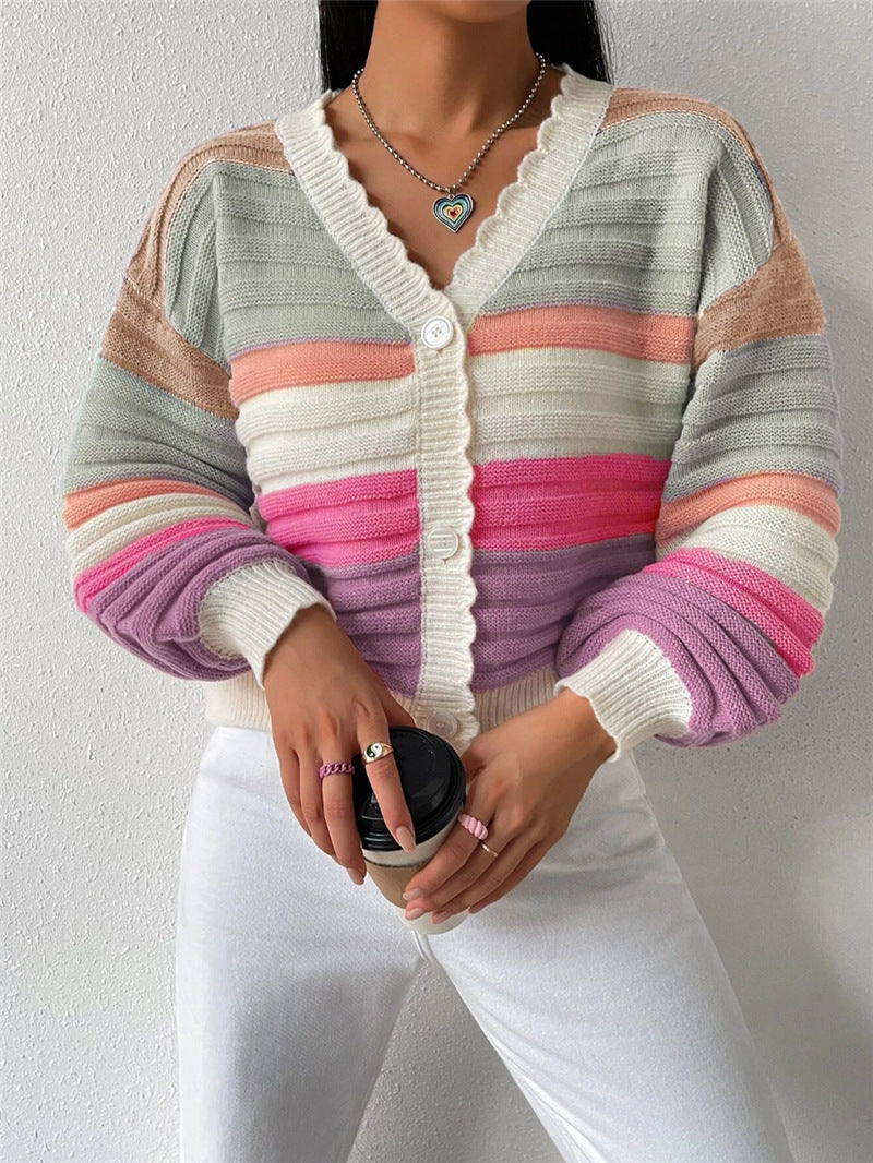 Knitted Cardigan Colorblock Sweater Coat Women's Rainbow Striped Lantern Sleeve
