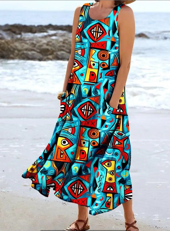 Women's Landscape Floral Maxi Dress Slim Fit Casual Skirt