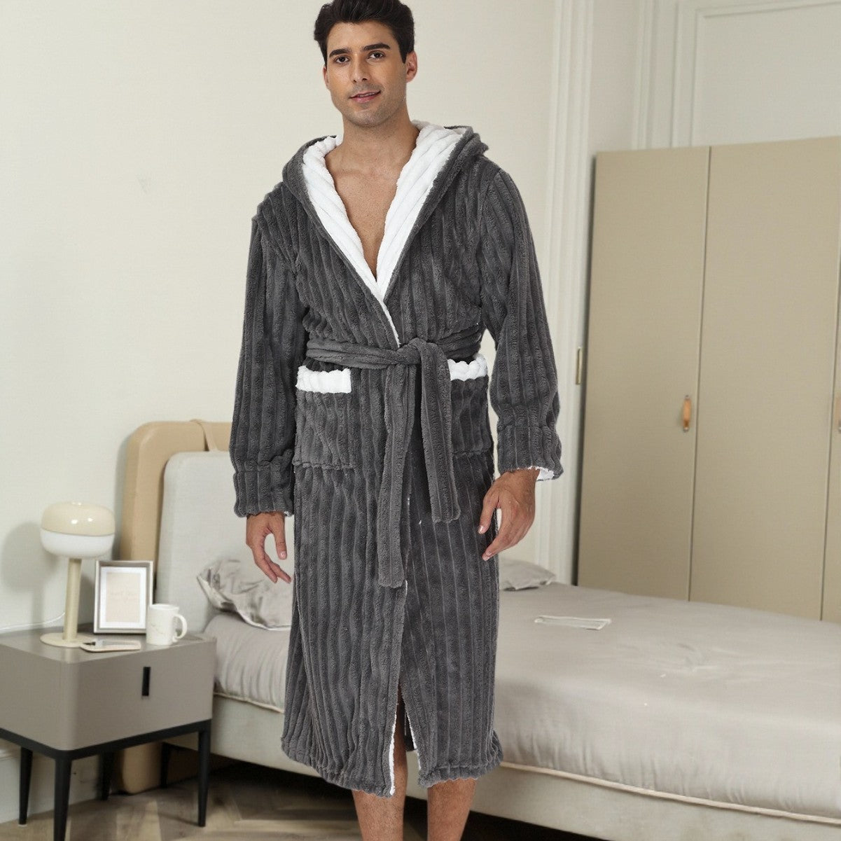 Thick Night-robe Flannel Men's Long Hooded Lace Bathrobe