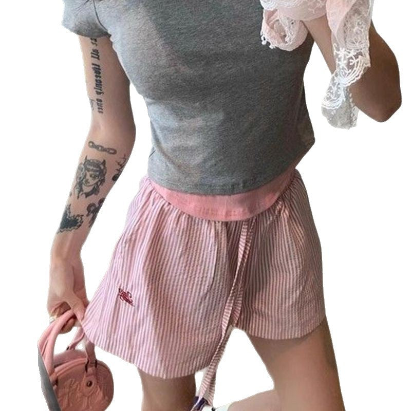 Blue Color With Pinky White Flowers Vertical Striped Hot Pants Women's Wide Leg Shorts