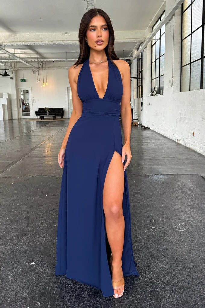 Spring New Women's Style Hanging Neck V-neck Slit Long Solid Color Dress