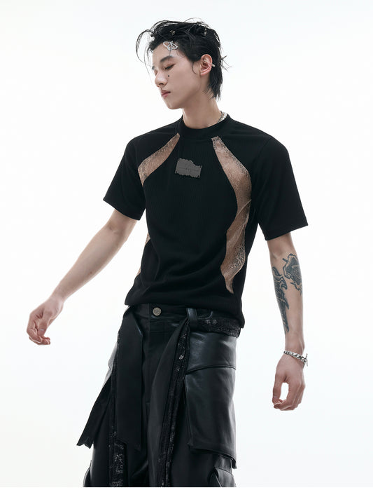Niche Deconstruction Contrast Color Retro Short-sleeved Slim-fit Pit Texture Bottoming Shirt