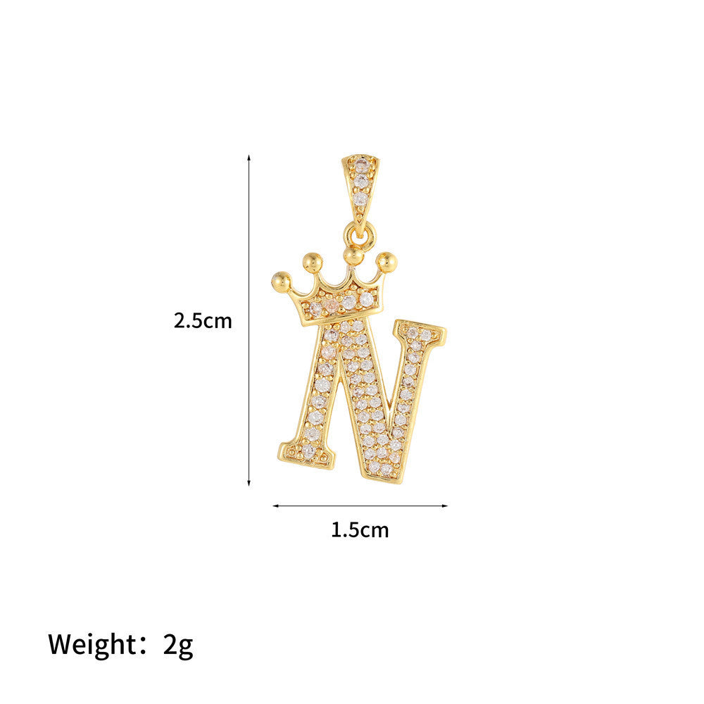 Gold Plated Copper Inlaid Zircon Crown 26 English Letters Full Diamond Pendant Parts