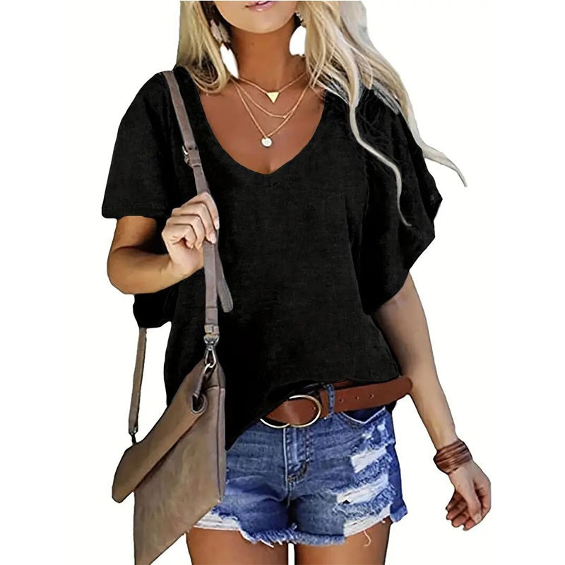 Women's Solid Color V-Neck Short Sleeve T-Shirt - Basic Summer Casual Top
