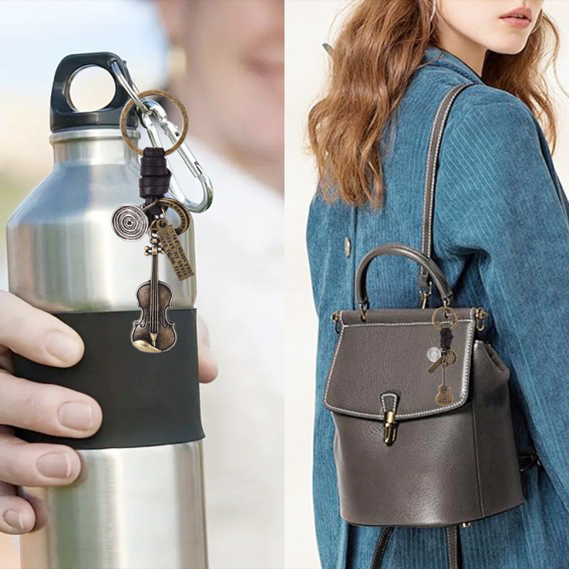 Simple Personality Vintage Guitar Keychain Cowhide Woven Charm Music Lovers