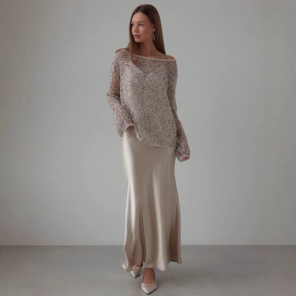 European And American Long Sleeve Hollow Loose Pullover Sequined Top Women's Clothing