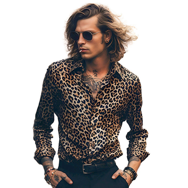 Leopard Print Vintage Print Casual Plus Size Men's Long Sleeve Shirt