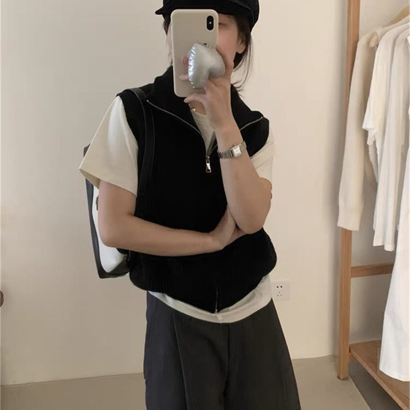 Simple Turtleneck Double Zipper Knitted Cardigan Vest