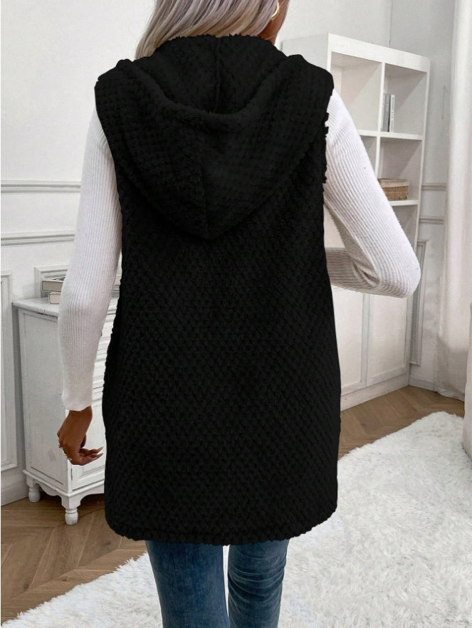 Open Front Hooded Plush Vest Coat