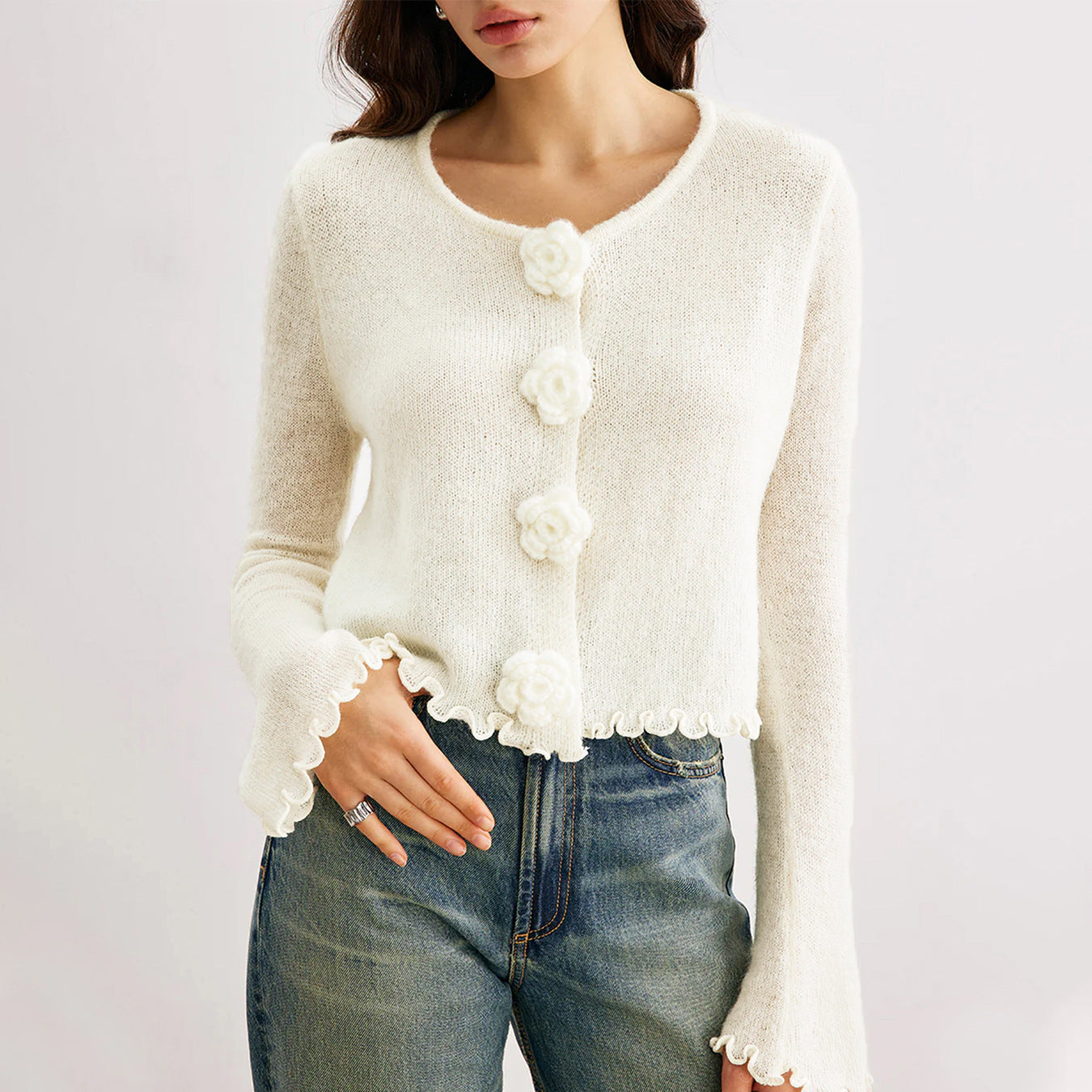 Three-dimensional Flower Slim Fit Stringy Selvedge Knitwear