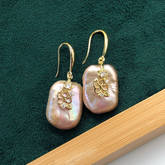 Natural Purple Baroque Pearl Inlaid Flower Copper Plating 18K Real Gold Earrings